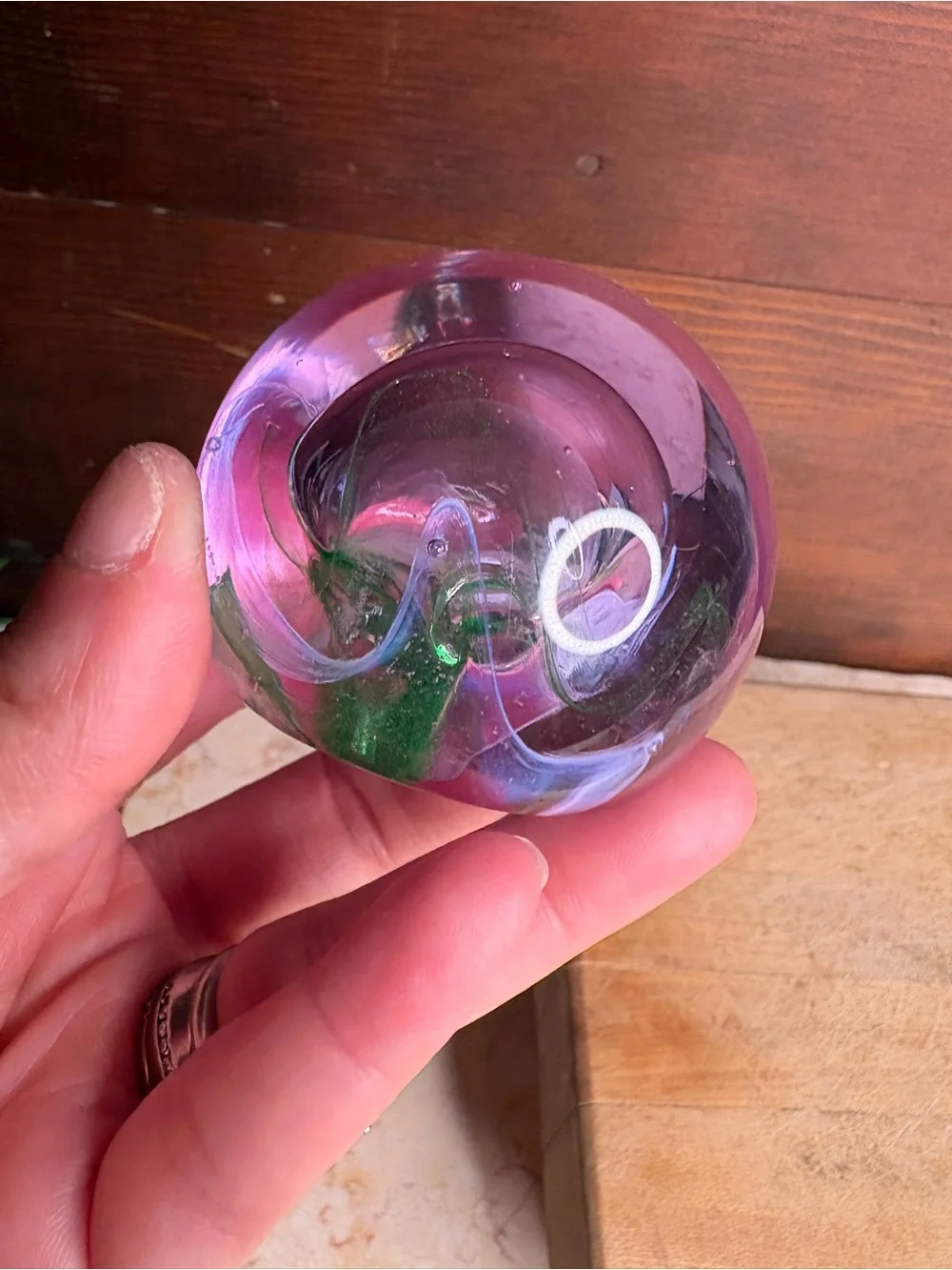 Caithness Scotland Moon Crystal Handblown Paperweight With Purple & Green Swirls